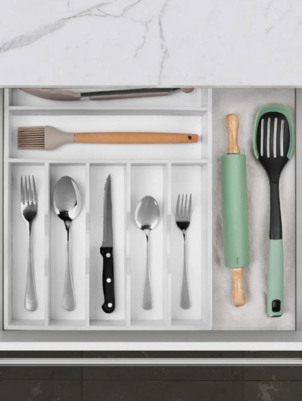 Bamboo Drawer Organizer 7-Slot Silverware Tray - White